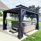 12 Ft. X 12 Ft. Bronze Aluminum Power-Coated Frame Galvanized Steel Double Roof Hardtop Gazebo Hook Netting Blue Curtain