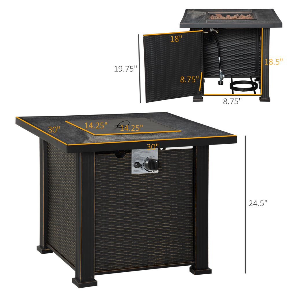 30 Inch Outdoor Propane Gas Fire Pit Table, 50,000 BTU Auto-Ignition Square Wicker-Effect Gas Firepit with Ceramic Tabletop, Lid, Lava Rocks & Rain Cover, CSA Certification