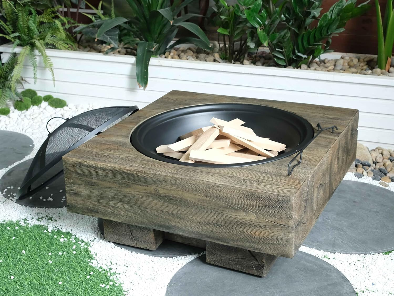Outdoor Wood Burning Fire Pit with Wood Grain Design, Magnesium Oxide, Antique Dark Grey, 27.4” X 24.4” X 18” for Garden and Patio