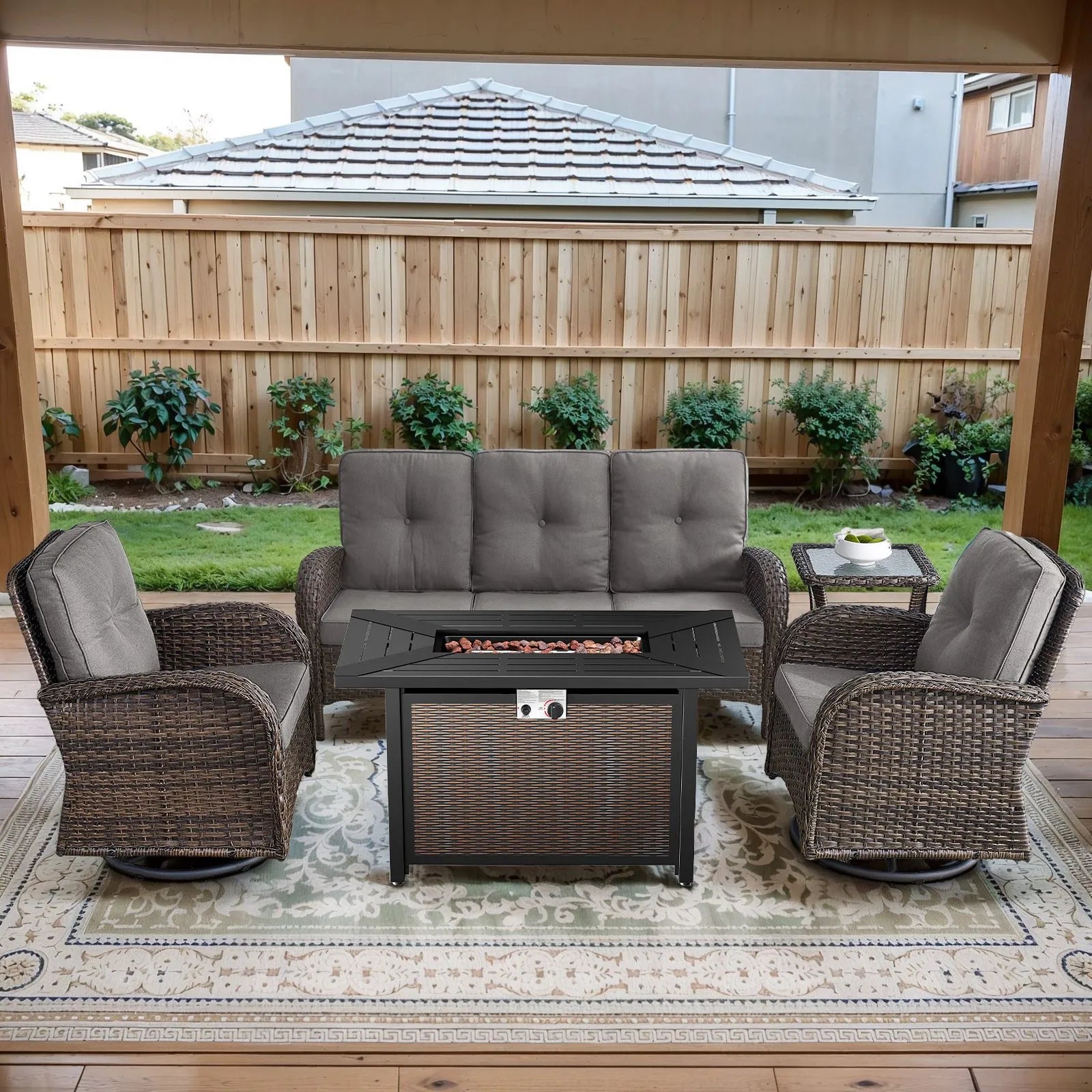 Outdoor Fire Pit Conversation Set, 3-Seat Sofa & Chairs Patio Furniture Set