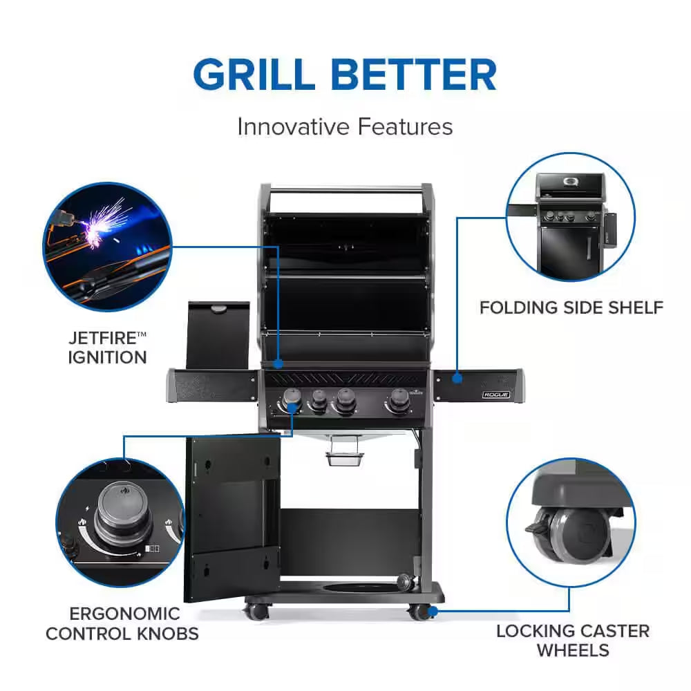 Rogue 425 3-Burner Natural Gas Grill in Black with Cast Iron Cooking Grids and Range Side Burner