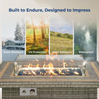 Sturdy Wicker Base Propane Fire Pit Table with Tile Top, Patio Heater & Propane Heater, Sliding Door, Stainless Steel Burner, Tempered Glass Wind Guard, 50000 BTU, Weather Resistant