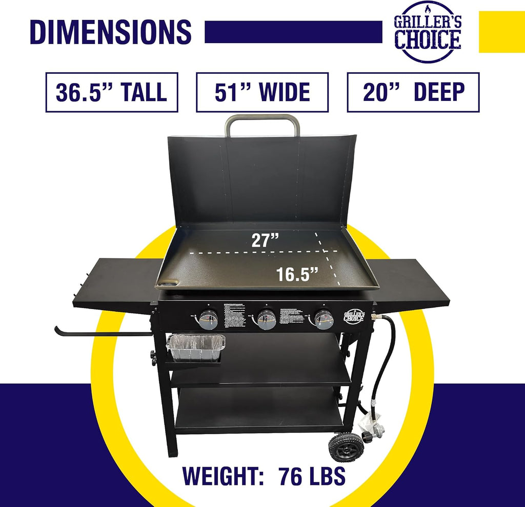 Griller'S Choice Gas Griddle with Hinged Hood & Wind Guards, 4 Shelves, Propane Griddle for Flat Grills Outdoor Cooking, Front Grease Management, Steel Flattop Grills Surface, Precision Heat Control
