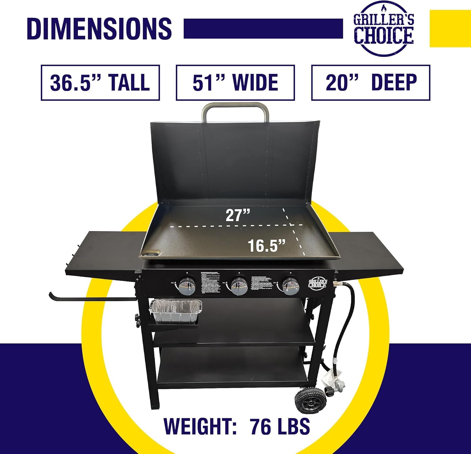 Griller'S Choice Gas Griddle with Hinged Hood & Wind Guards, 4 Shelves, Propane Griddle for Flat Grills Outdoor Cooking, Front Grease Management, Steel Flattop Grills Surface, Precision Heat Control