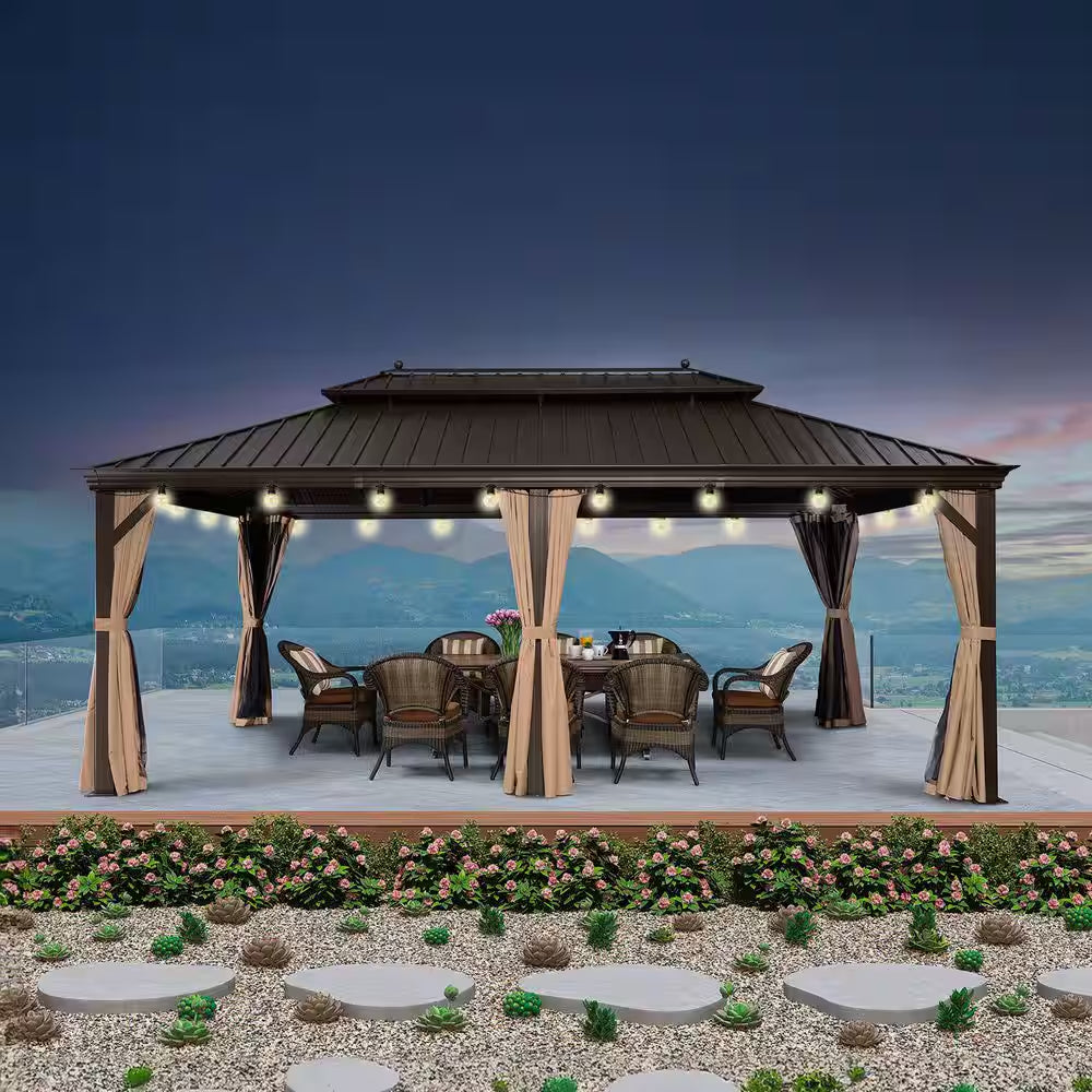 12 Ft. X 20 Ft. Bronze Patio Outdoor Gazebo for Backyard Hardtop Aluminum Frame Hooks, Netting, Khaki Curtain, 36-Lights