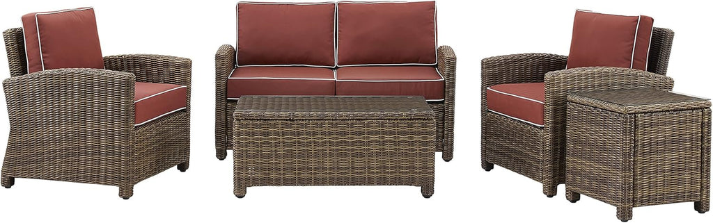 Bradenton 5-Piece Outdoor Loveseat Patio Furniture Set, Wicker Conversation Sets for Porch, Brown with Sangria Cushions