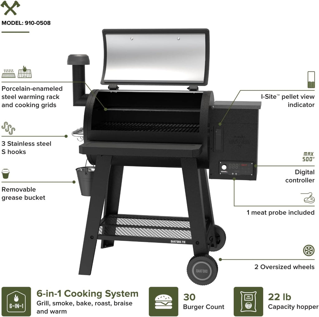 Oakford 715 Wood Pellet Grill with 715 SQ in Cooking Area, Steel Wire Grates, I-Site View Indicator, Heavy Duty Pellet Smoker Grill with Bluetooth Connectivity - 910-0508
