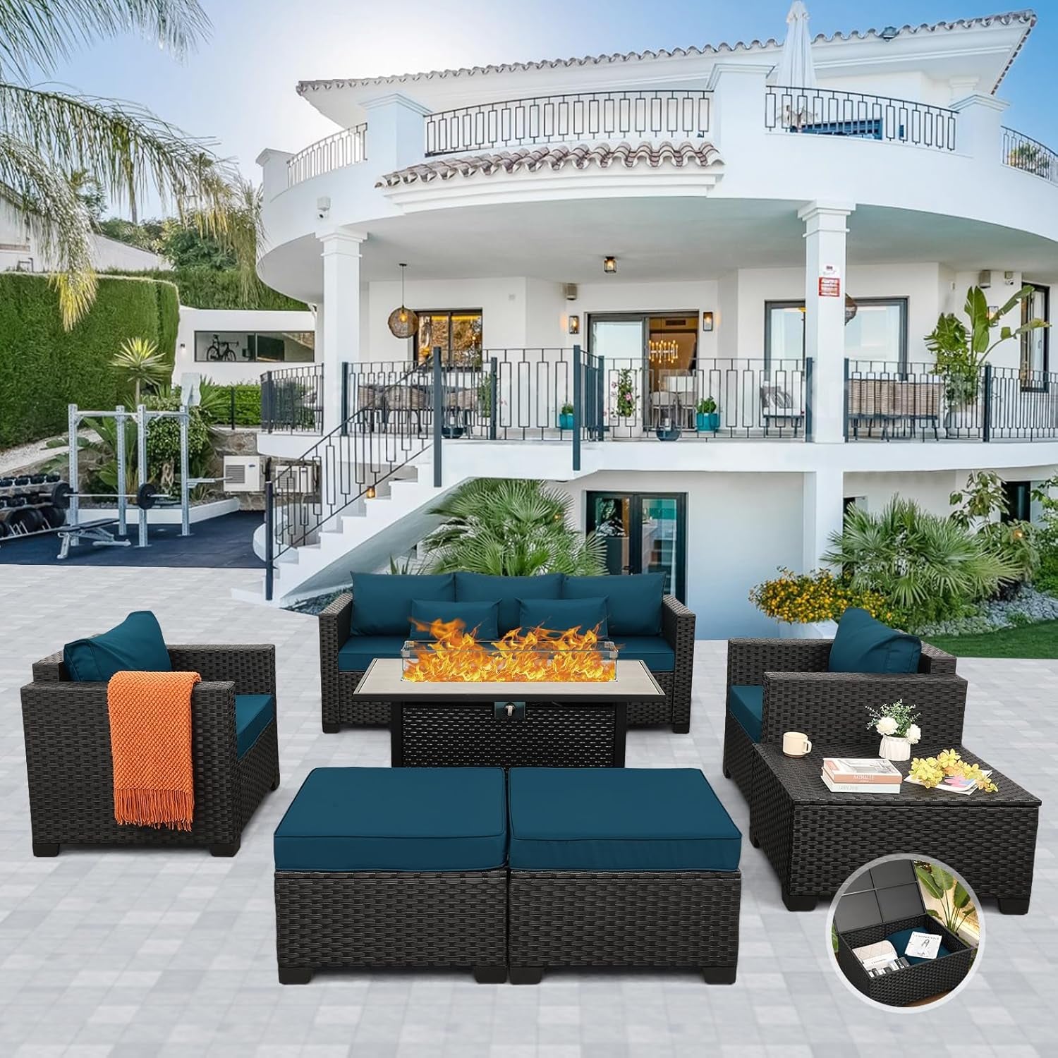 Outdoor Patio Furniture 60000 BTU Outdoor Propane Fire Pit Table Patio Furniture Set 45 in Outdoor Fire Pits 7 Pieces Patio Sofa Outdoor Chairs Anti-Slip Cushions Waterproof Covers, Peacock Blue