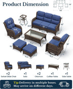 7-Piece Luxury Patio Furniture Set with 6" Thick Cushions, Weather-Resistant Wicker High Back Swivel Rocker Chairs, Senior-Friendly Outdoor Sofa Set for Large Deck, Yard and Poolside, Blue(V2)