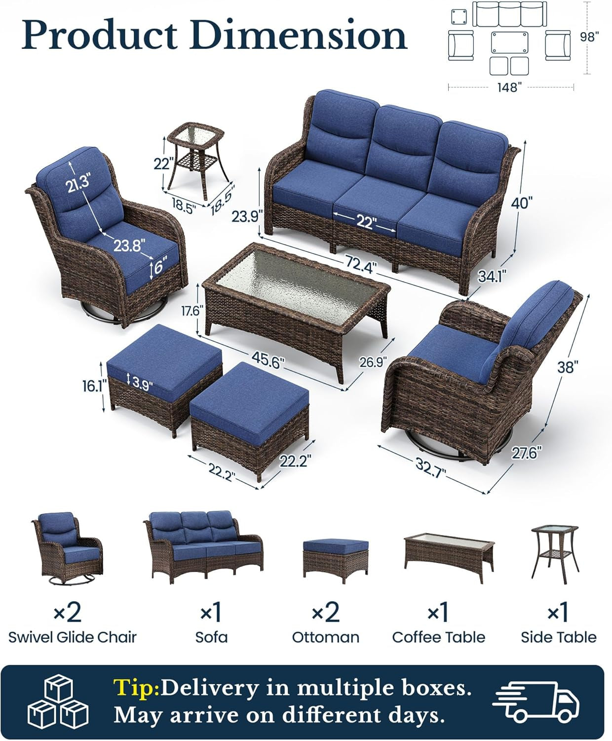 7-Piece Luxury Patio Furniture Set with 6" Thick Cushions, Weather-Resistant Wicker High Back Swivel Rocker Chairs, Senior-Friendly Outdoor Sofa Set for Large Deck, Yard and Poolside, Blue(V2)