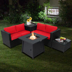 5-Piece Outdoor Patio Furniture Set with 50,000 BTU Propane Fire Pit Table Patio PE Wicker Conversation Set with Cushions Storage Box and Tempered Glass Coffee Table Beige