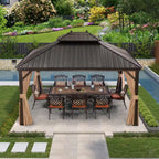10 Ft.X 14 Ft.Bronze Aluminum Power-Coated Frame Galvanized Steel Double Roof Hardtop Gazebo,Hooks,Netting,Khaki Curtain