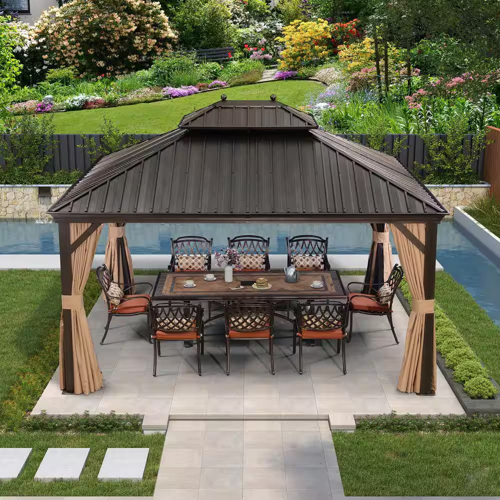 10 Ft.X 14 Ft.Bronze Aluminum Power-Coated Frame Galvanized Steel Double Roof Hardtop Gazebo,Hooks,Netting,Khaki Curtain