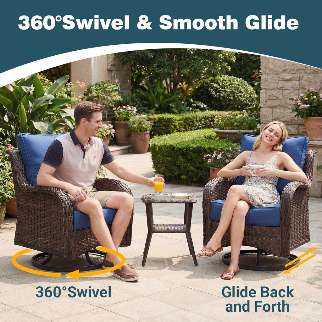 Patio Furniture Set, 7PCS Outdoor Wicker Conversation Set with 6" Thick Cushions, High Back Rattan Sofa & Swivel Rocker Chairs, Weather Resistant Olefin Fabric for Garden, Poolside, Navy Blue