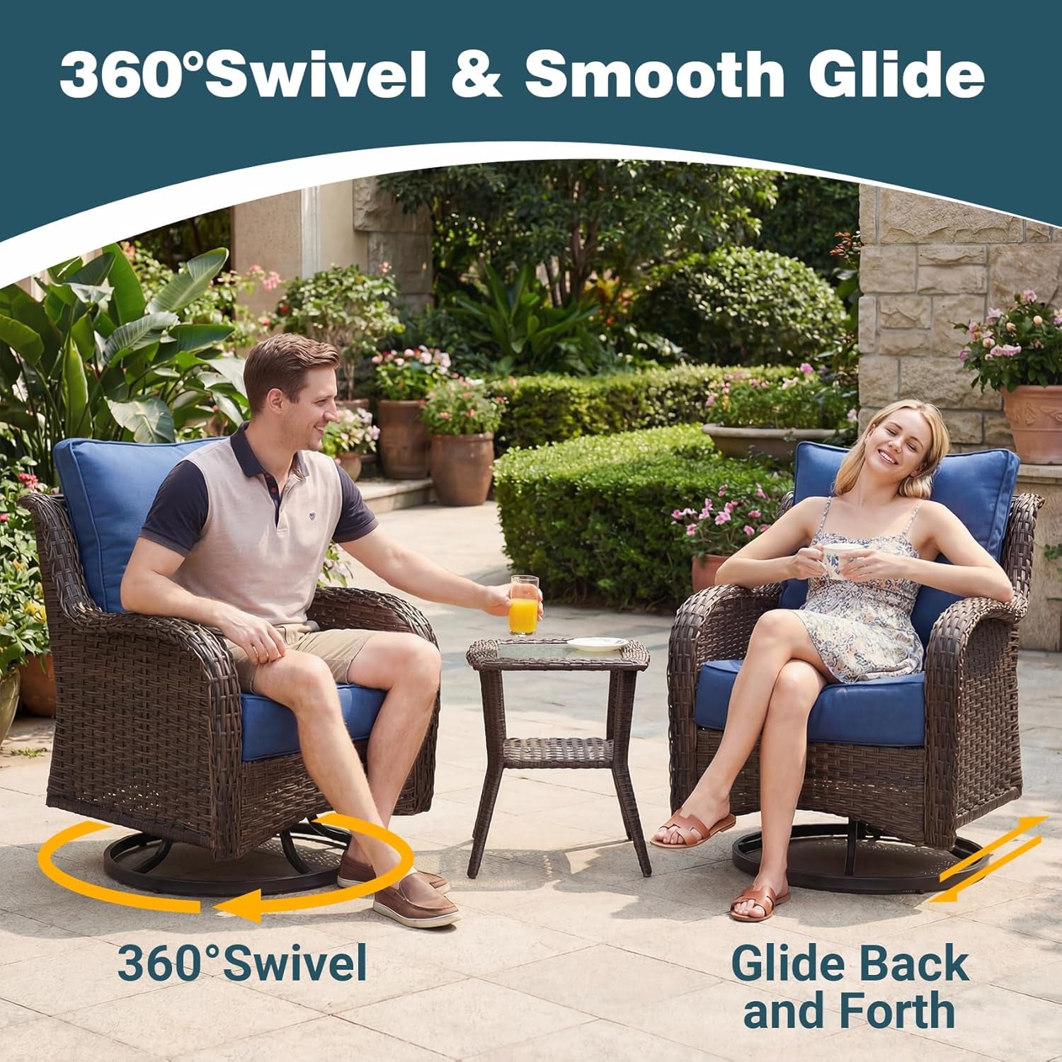 Patio Furniture Set, 7PCS Outdoor Wicker Conversation Set with 6" Thick Cushions, High Back Rattan Sofa & Swivel Rocker Chairs, Weather Resistant Olefin Fabric for Garden, Poolside, Navy Blue