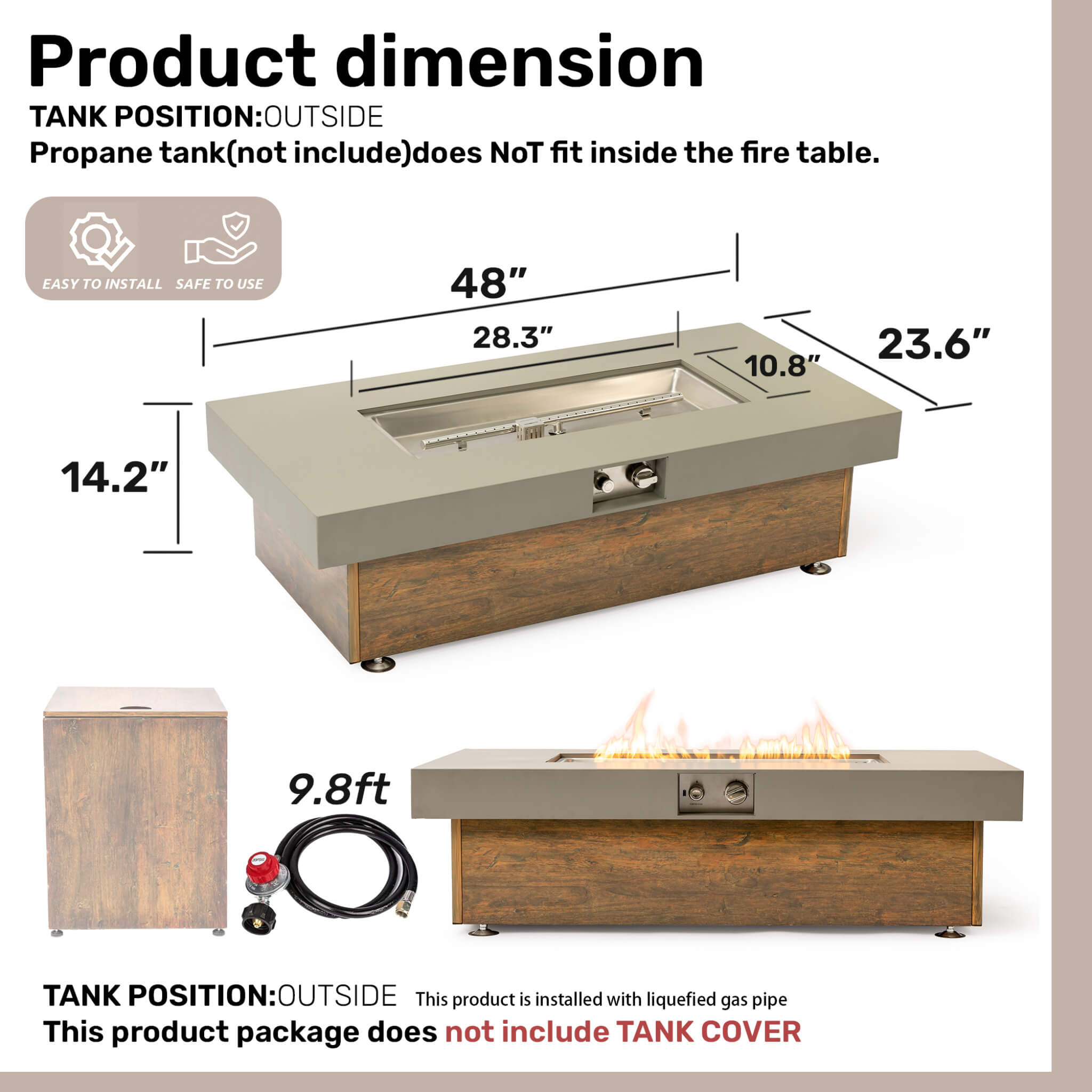 Alora Luxury 48-Inch Outdoor Wood Grain Iron Fire Pit Table with Lava Rocks