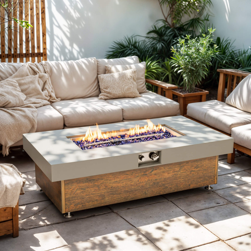 Alora Luxury 48-Inch Outdoor Wood Grain Iron Fire Pit Table with Lava Rocks