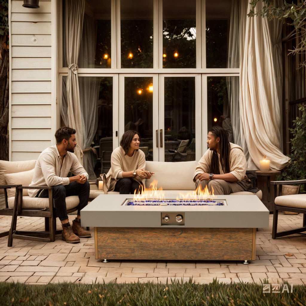 Alora Luxury 48-Inch Outdoor Wood Grain Iron Fire Pit Table with Lava Rocks