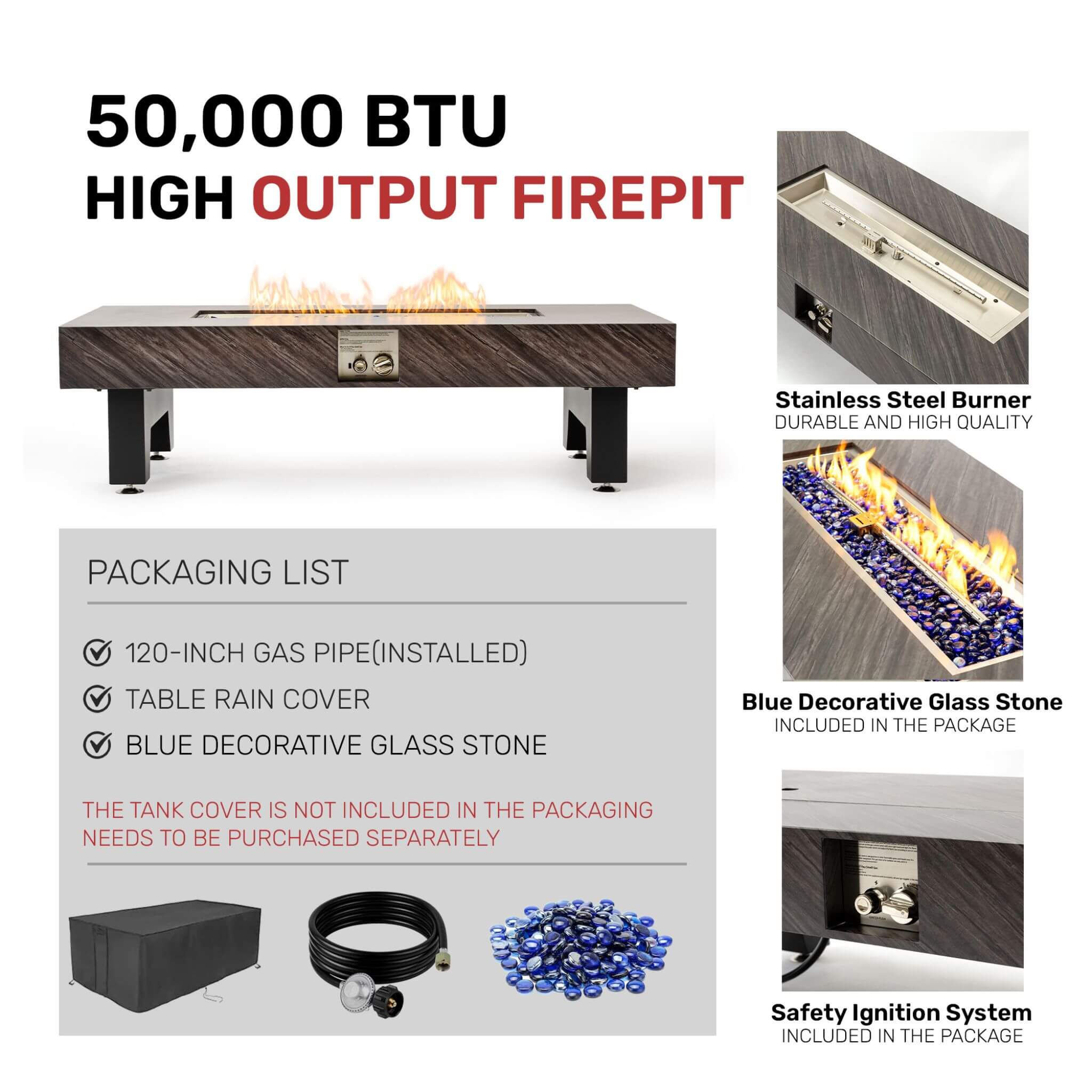 Alora 54-Inch Modern Outdoor Propane Fire Pit Table with Waterproof Cover