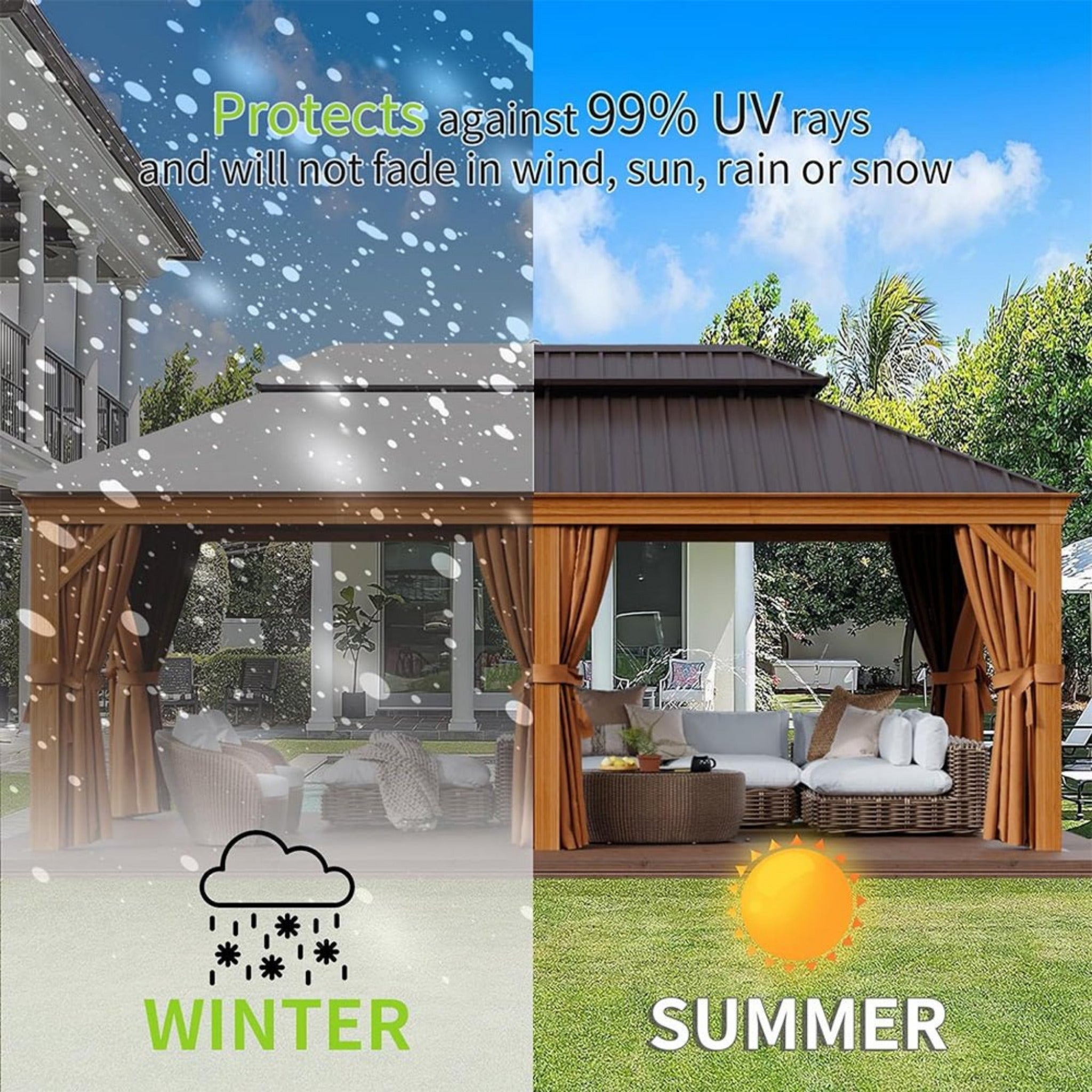 [12X20FT] Alora Premium Large Aluminum Hardtop Gazebo W/ Netting, Privacy Curtains And Wood Grain Finish