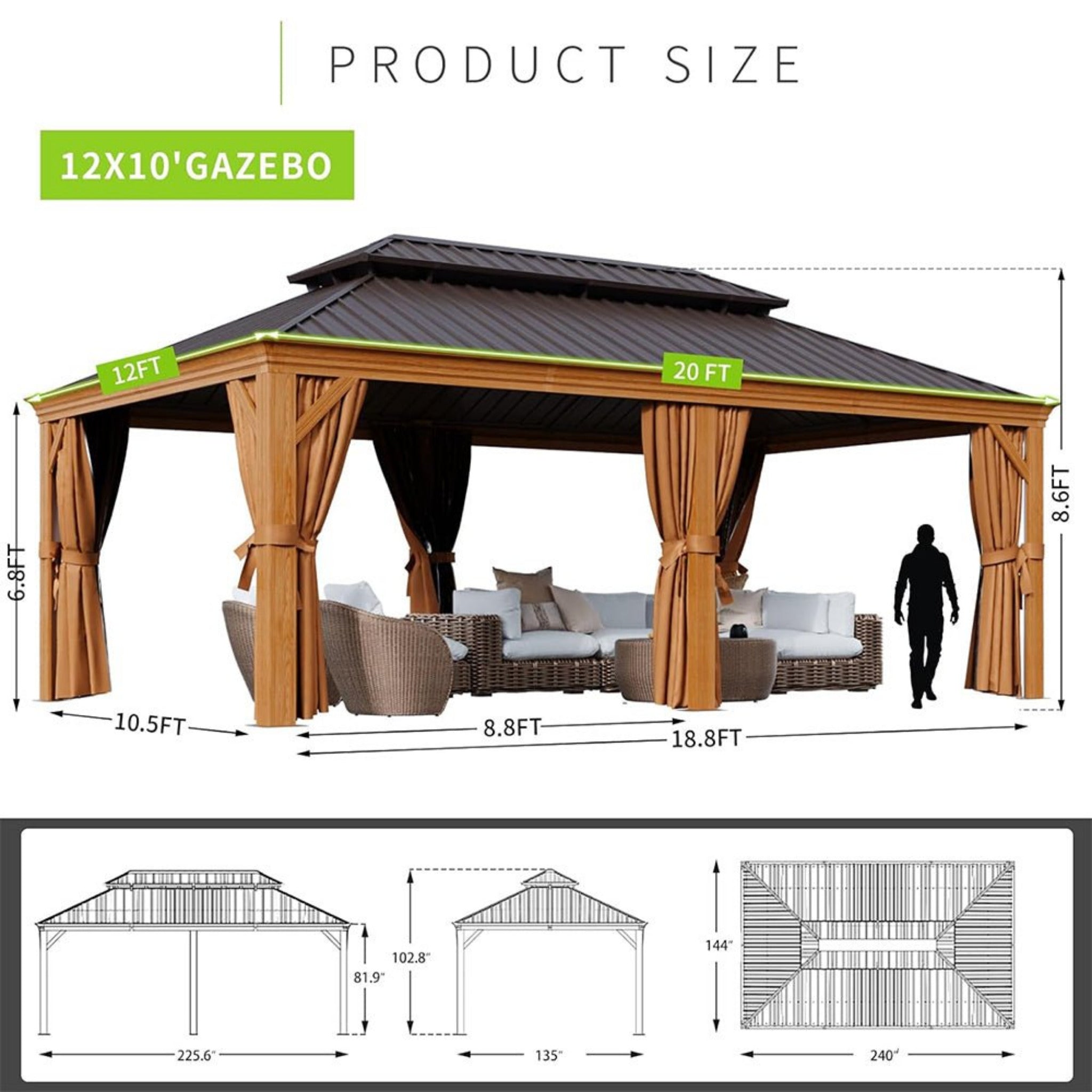 [12X20FT] Alora Premium Large Aluminum Hardtop Gazebo W/ Netting, Privacy Curtains And Wood Grain Finish