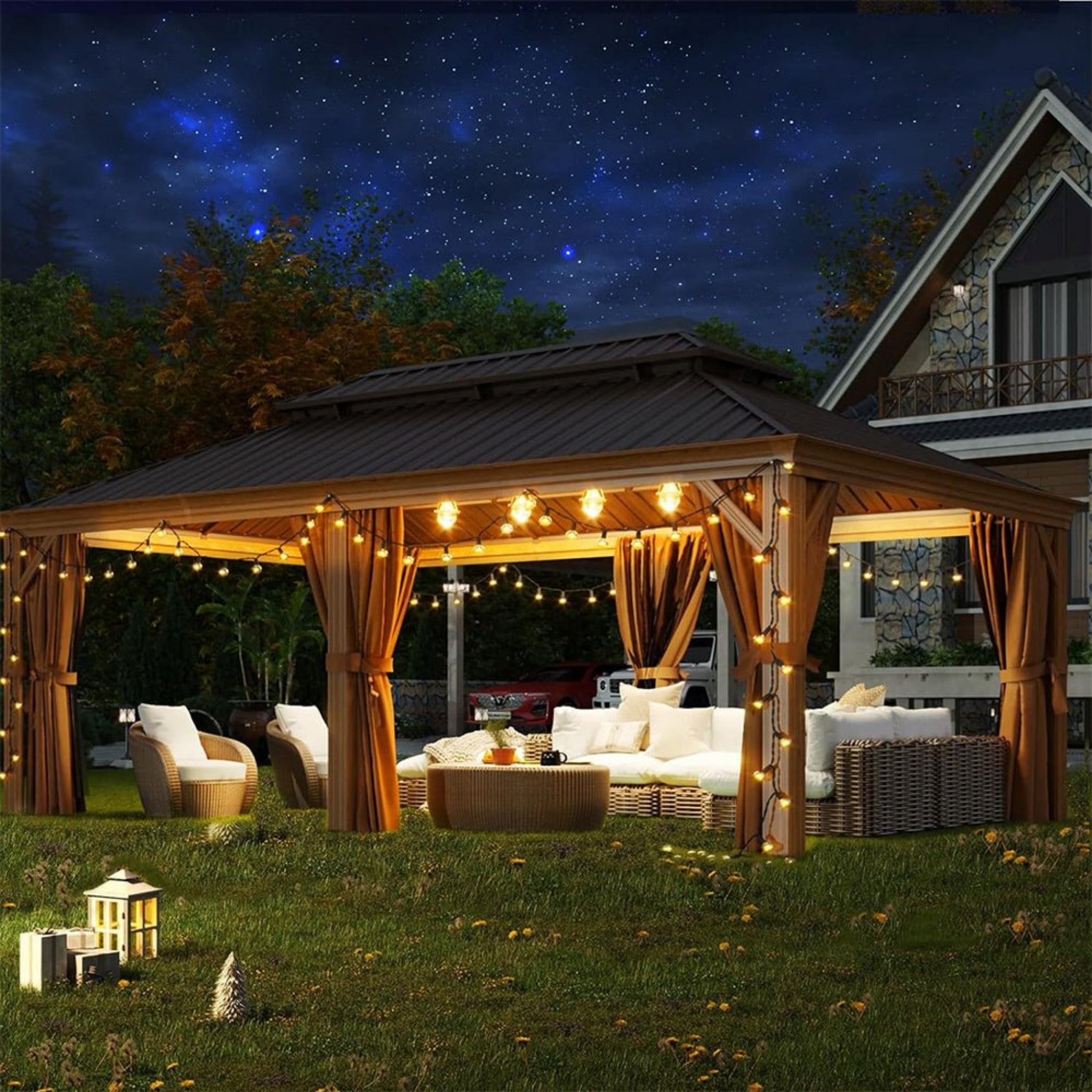 [12X20FT] Alora Premium Large Aluminum Hardtop Gazebo W/ Netting, Privacy Curtains And Wood Grain Finish