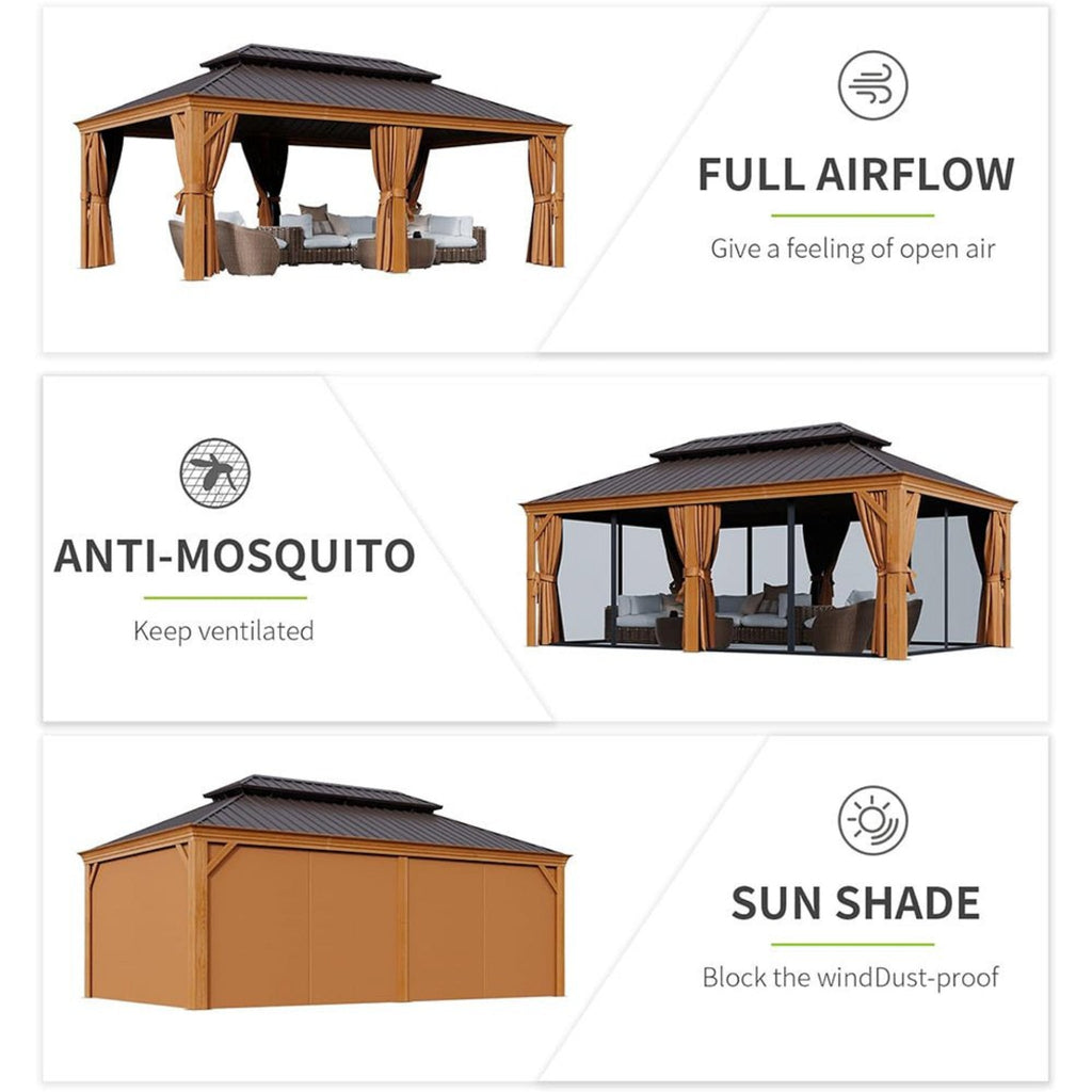 [12X20FT] Alora Premium Large Aluminum Hardtop Gazebo W/ Netting, Privacy Curtains And Wood Grain Finish
