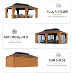 [12X20FT] Alora Premium Large Aluminum Hardtop Gazebo W/ Netting, Privacy Curtains And Wood Grain Finish