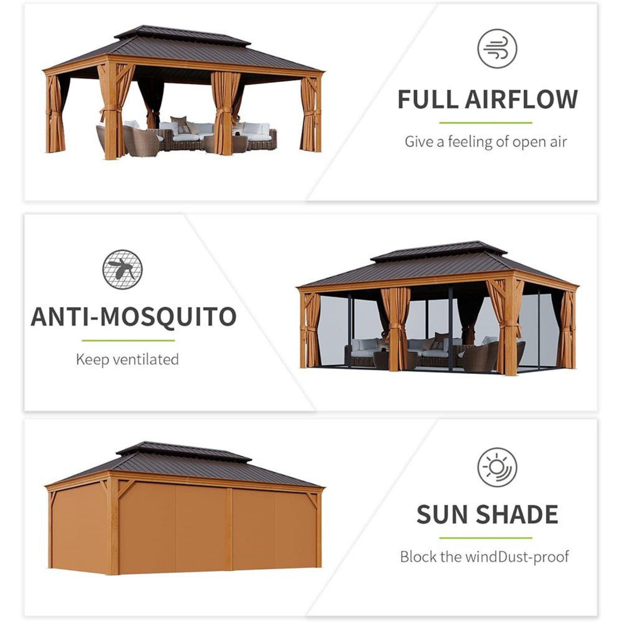 [12X20FT] Alora Premium Large Aluminum Hardtop Gazebo W/ Netting, Privacy Curtains And Wood Grain Finish