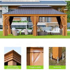 [12X20FT] Alora Premium Large Aluminum Hardtop Gazebo W/ Netting, Privacy Curtains And Wood Grain Finish