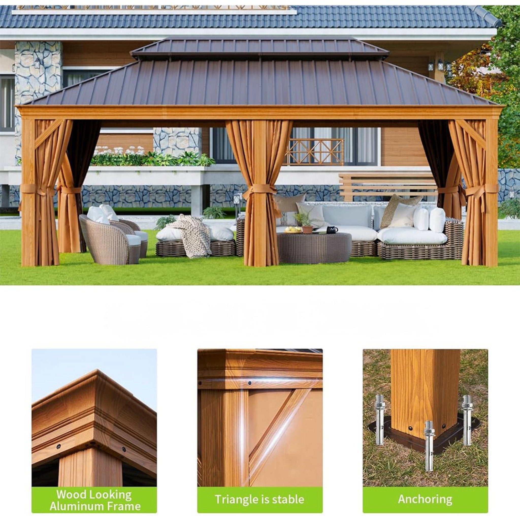 [12X20FT] Alora Premium Large Aluminum Hardtop Gazebo W/ Netting, Privacy Curtains And Wood Grain Finish