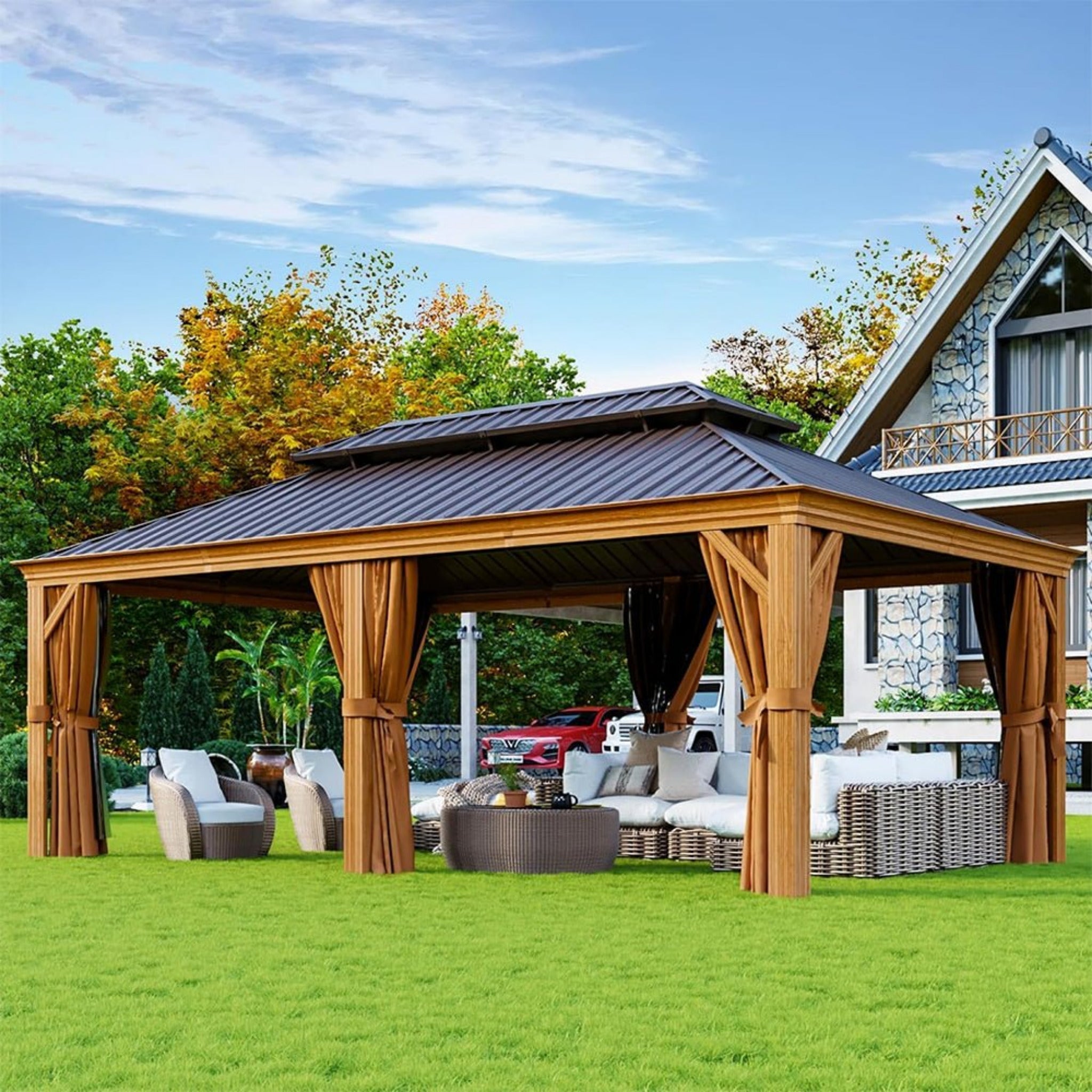 [12X20FT] Alora Premium Large Aluminum Hardtop Gazebo W/ Netting, Privacy Curtains And Wood Grain Finish