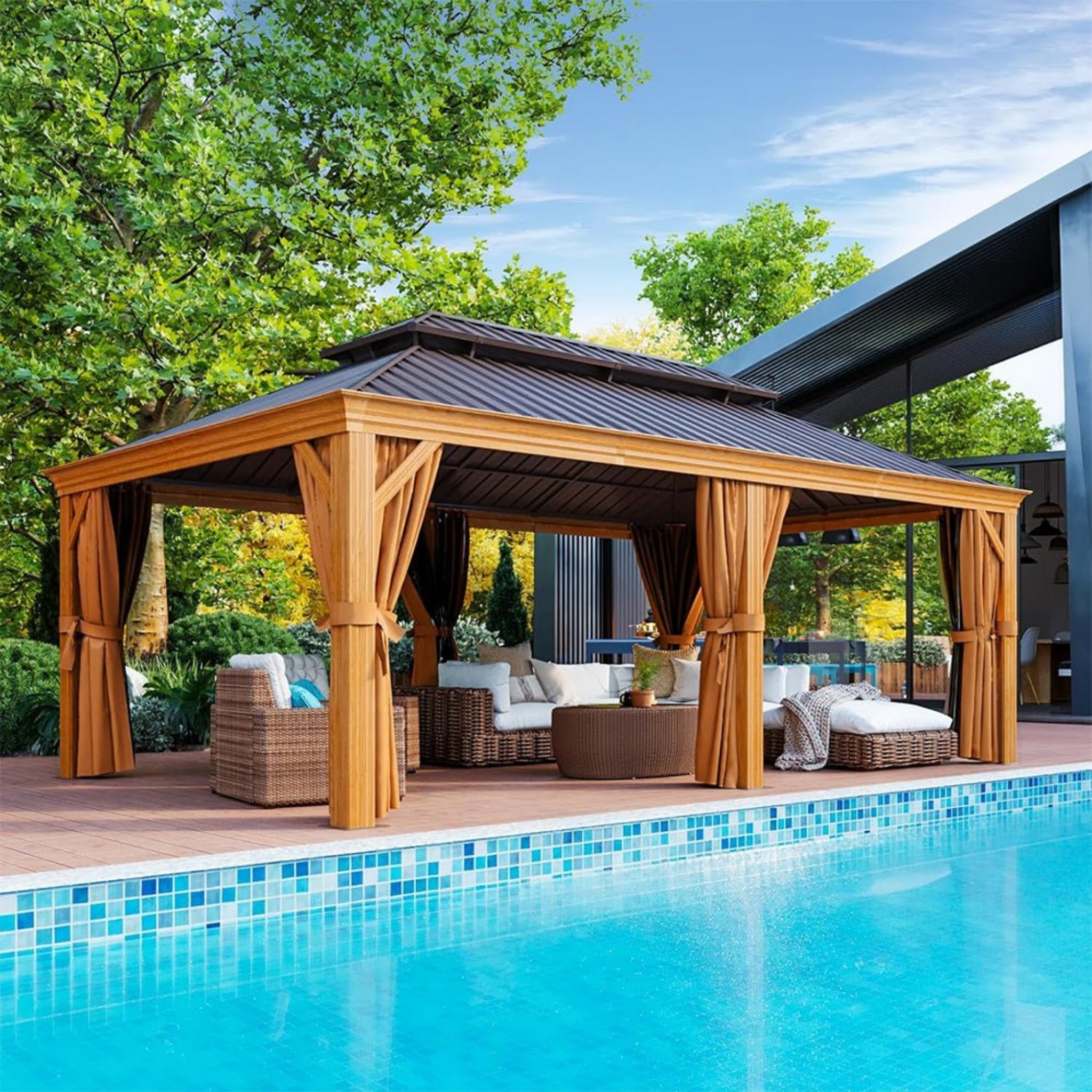 [12X20FT] Alora Premium Large Aluminum Hardtop Gazebo W/ Netting, Privacy Curtains And Wood Grain Finish