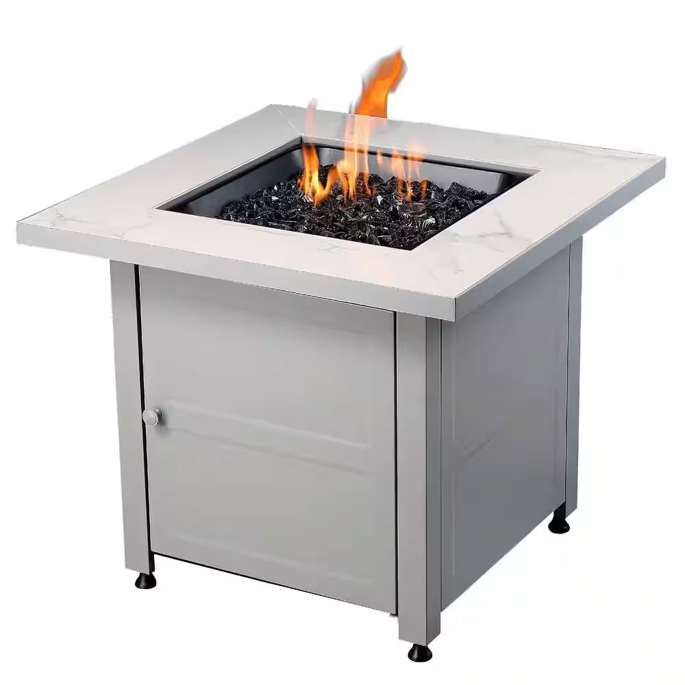 30 In. Gas Fire Pit Table with Cover, Black Glass