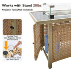 43 In. Propane Gas Fire Pit Table, 60000 BTU Rectangular Open Weave Wicker Fire Pit with Glass Wind Guard in Yellow