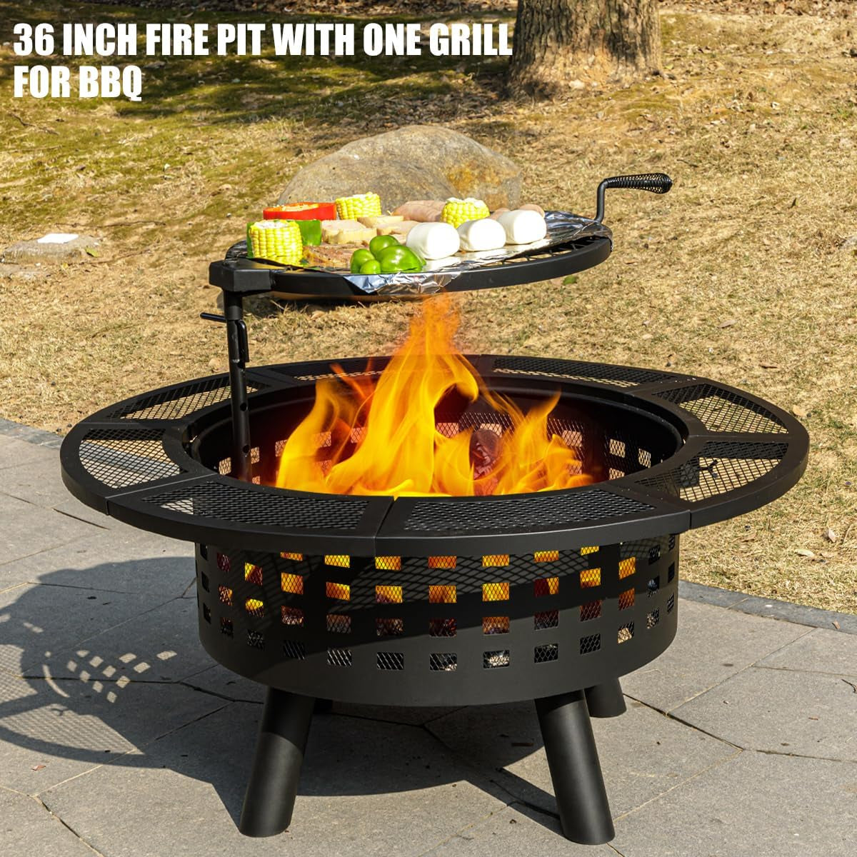 36 Inch Outdoor Fire Pit with Grill,Wood Burning Fire Pits for outside with Lid & Fire Poker,Metal 3-In-1 Firepit Table with Cooking Grate,Outdoor Firepit for Yard,Bonfire,Patio(Charcoal)