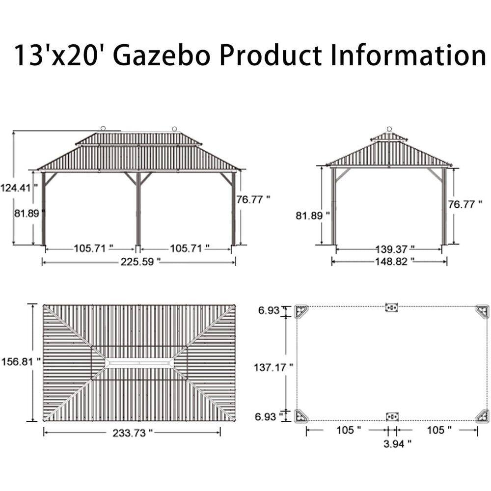 13 Ft.X 20 Ft.Bronze Patio Outdoor Gazebo for Backyard Hardtop Aluminum Frame with Hooks,Netting,Khaki Curtain,36-Lights