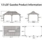 13 Ft.X 20 Ft.Bronze Patio Outdoor Gazebo for Backyard Hardtop Aluminum Frame with Hooks,Netting,Khaki Curtain,36-Lights