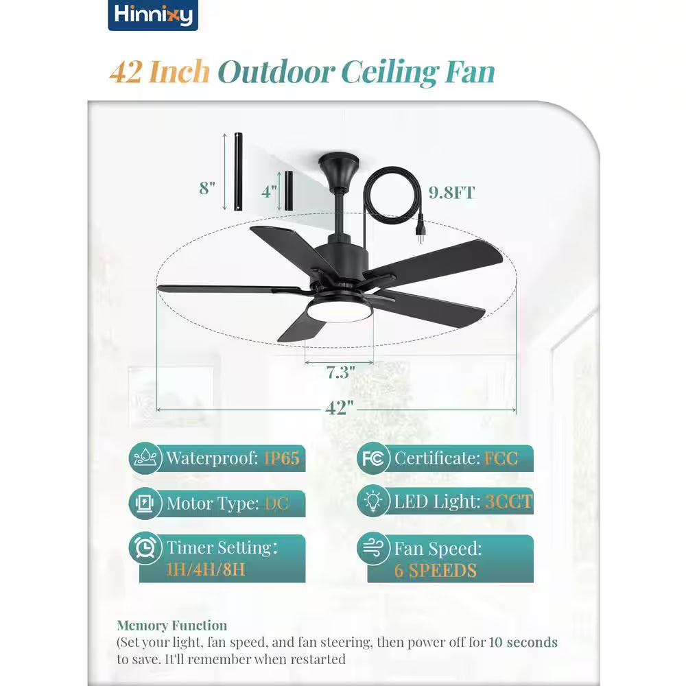 42 In. Outdoor Black IP65 Waterproof Plug in 6-Speed Downrod Mount Standard Ceiling Fan with Lights,Hook,Remote Control
