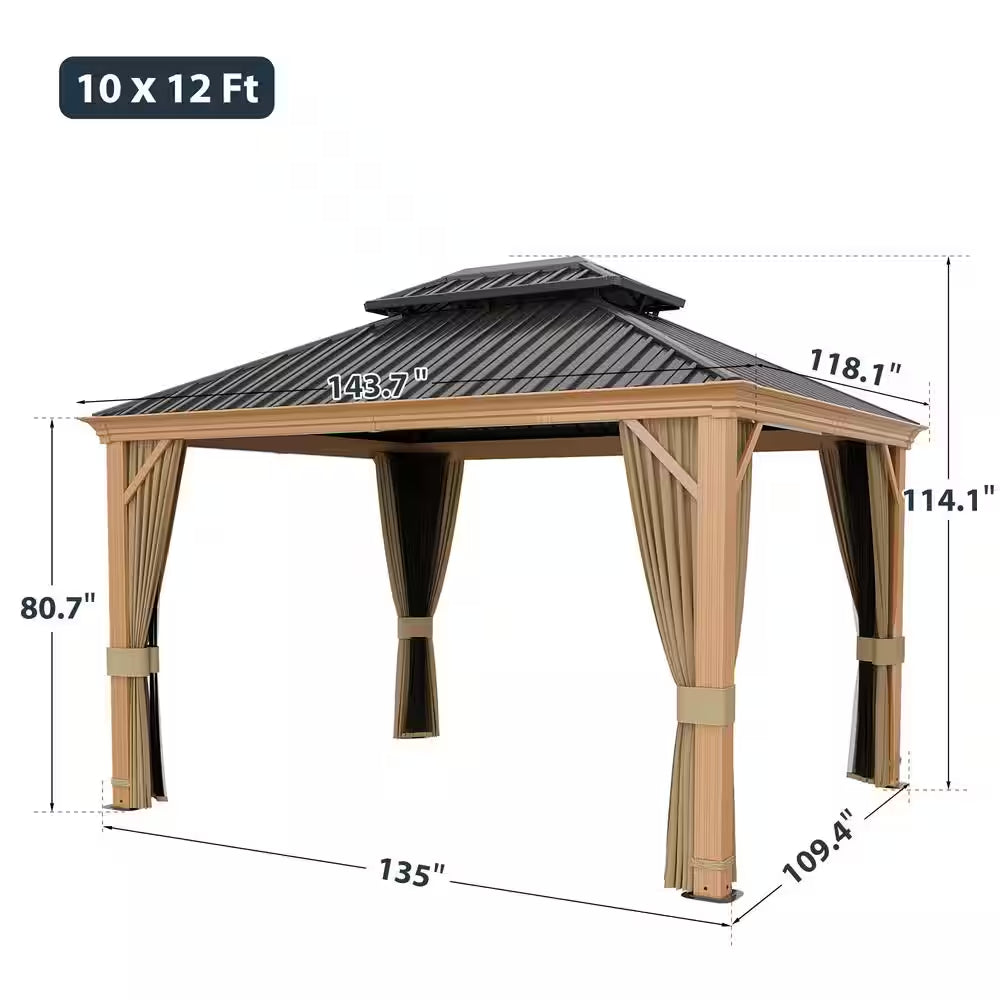 10 Ft. X 12 Ft. Double Roof Hardtop Wood Grain Aluminum Patio Gazebo with Netting and Khaki Curtains