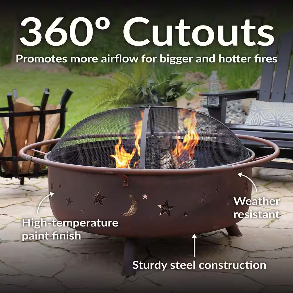 Cosmic 42 In. X 23 In. Large round Steel Wood Burning Fire Pit with Spark Screen