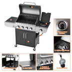 Outdoor BBQ 4-Burner Propane Grill in Silver and Black, Stainless Steel Gas Grill with Side Burner and Thermometer