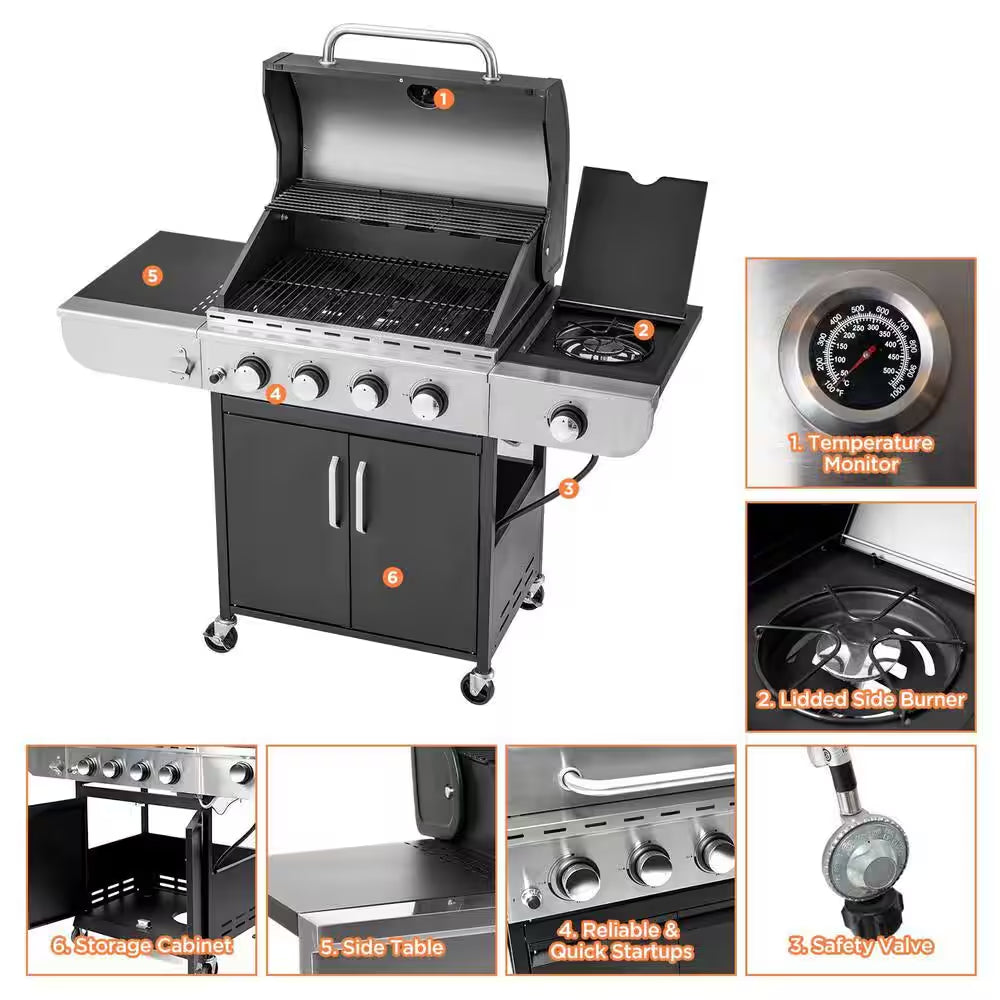 Outdoor BBQ 4-Burner Propane Grill in Silver and Black, Stainless Steel Gas Grill with Side Burner and Thermometer