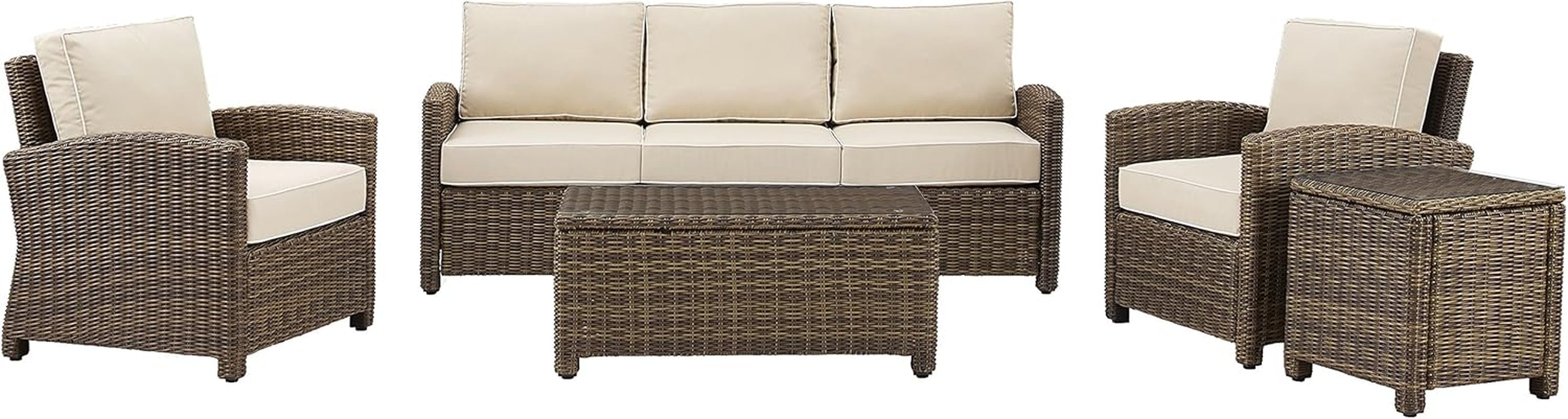 Bradenton 5-Piece Outdoor Sofa Patio Furniture Set, Wicker Conversation Sets for Porch, Brown with Sand Cushions