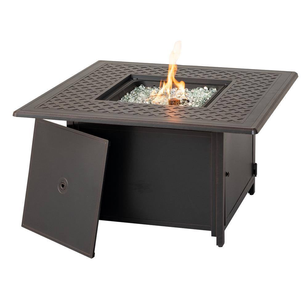 42 In. Topaz Cast Aluminum Heron Square Gas Fire Pit Chat Table with Clear Glass Fire Beads