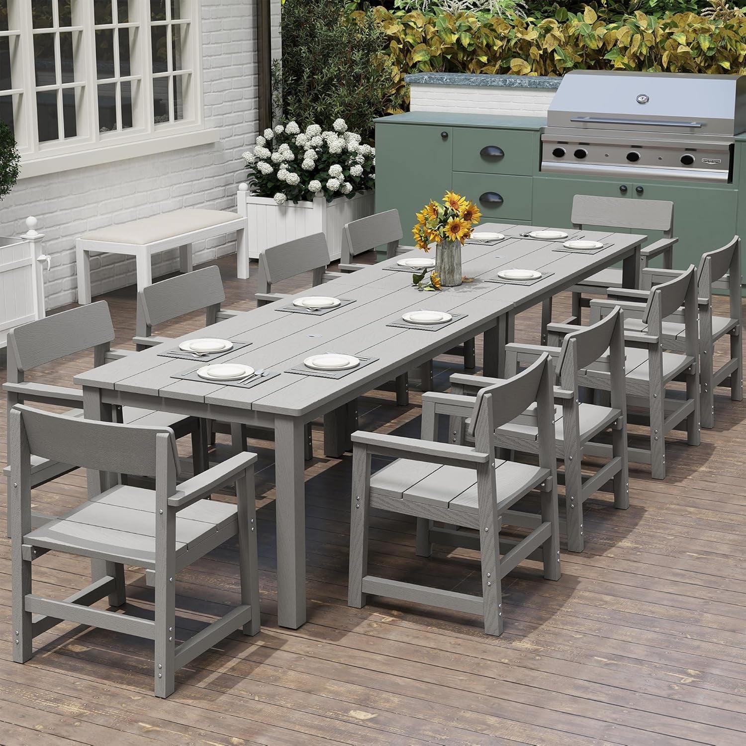 12-Piece HIPS Patio Dining Set for 10 Person Outdoor Dining Sets with Umbrella Hole Tables and Chairs Furniture Set All Weather Proof for Garden, Backyard, Poolside