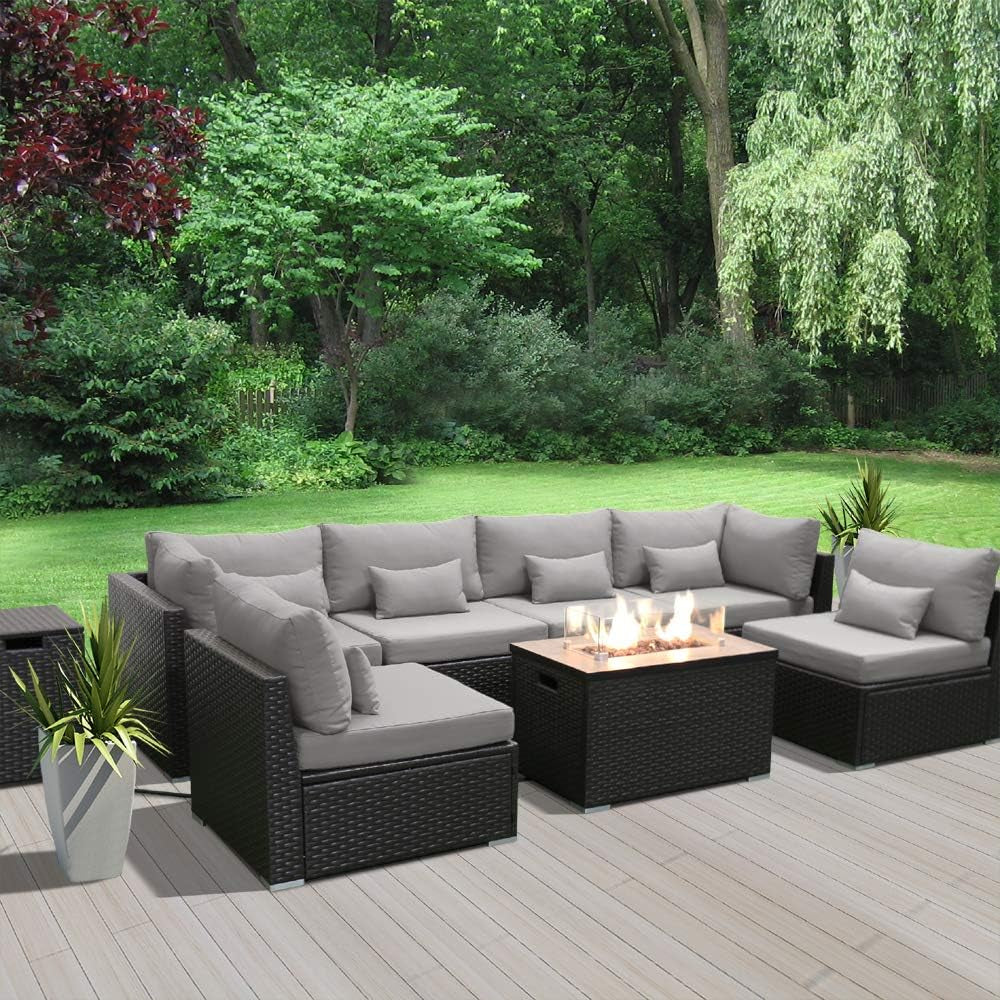 Outdoor Patio Furniture Set Wicker Rattan Patio Conversation Set with Fire Pit Table Sectional Sofa Set Seating Furniture with Thickened Cushion (Light Gray - Rectangular Fire Pit Table)