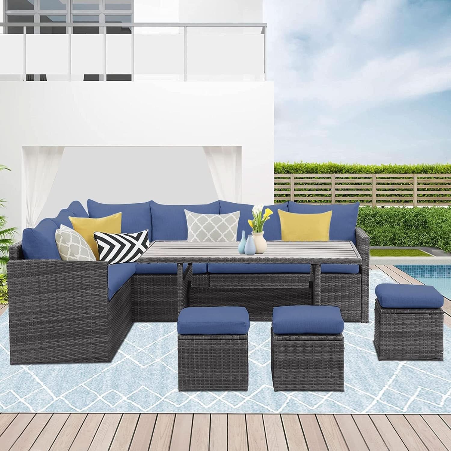Blue 7-Piece Outdoor Patio Furniture Set With Table Chairs