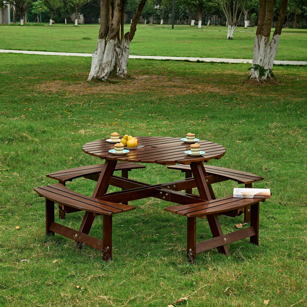 Outdoor 8- Person Round Picnic Table with Built-In Benches