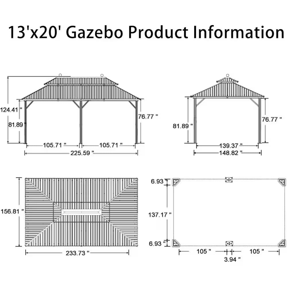 13 Ft.X 20 Ft.Bronze Patio Outdoor Gazebo for Backyard Hardtop Aluminum Frame with Hooks,Netting,Khaki Curtain,36-Lights